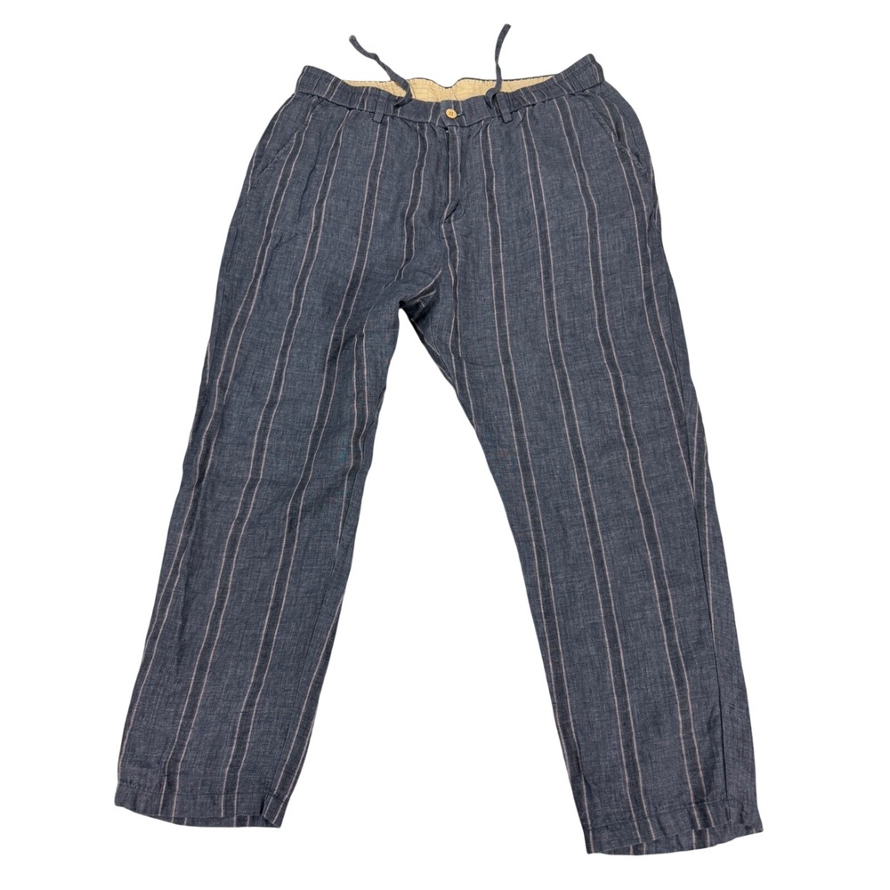 Kidoriman Mens XXL Linen Pinstripe Drawstring Pants Navy Tan Pants 24.5" Inseam